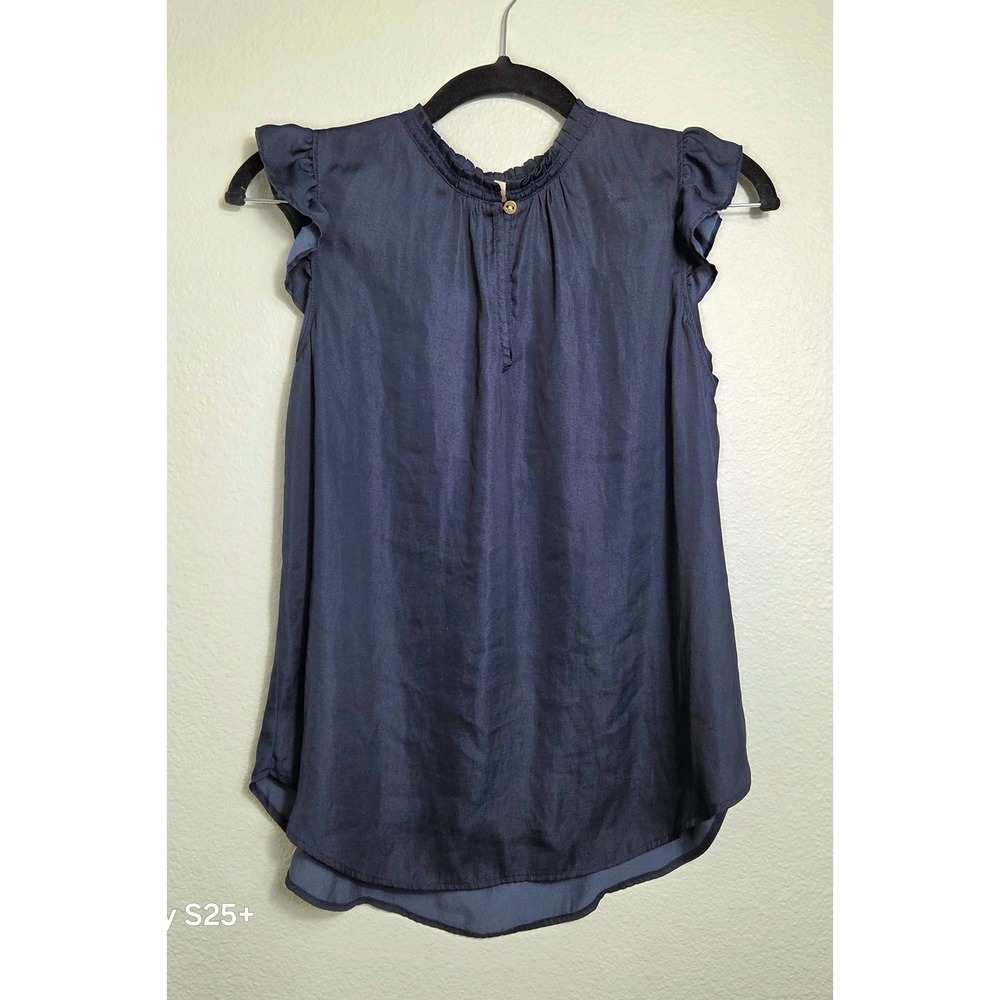 Loft Petites Navy Blue Ruffle Sleeve Keyhole Blouse SP